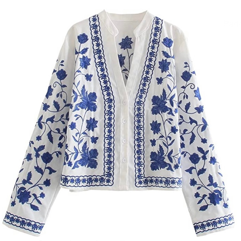 RARE Zara Blue and White Embroidered Jacket XS